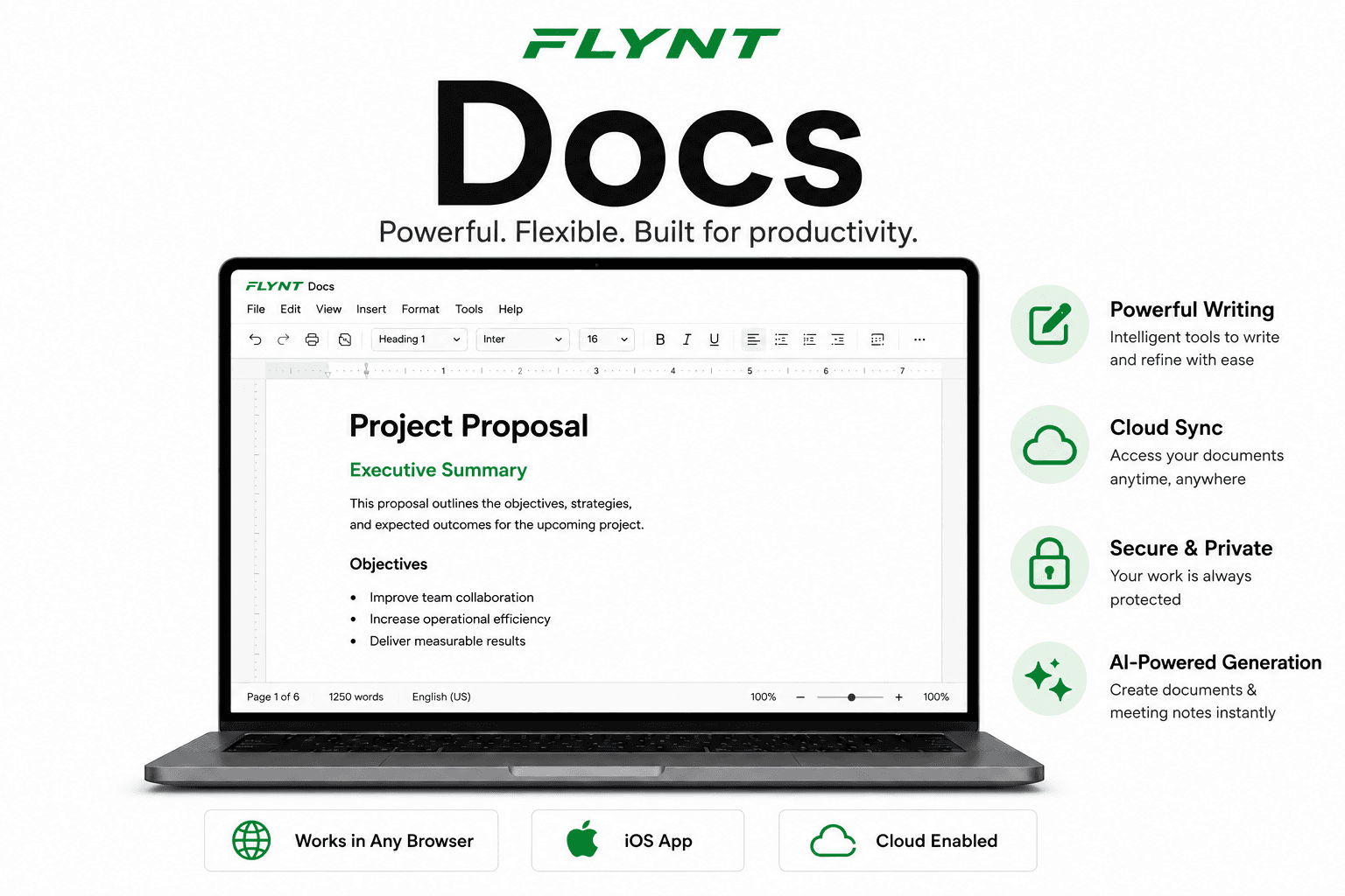 FLYNT Docs running in a browser, showing the document editor with formatted headings, body text, and a bulleted list