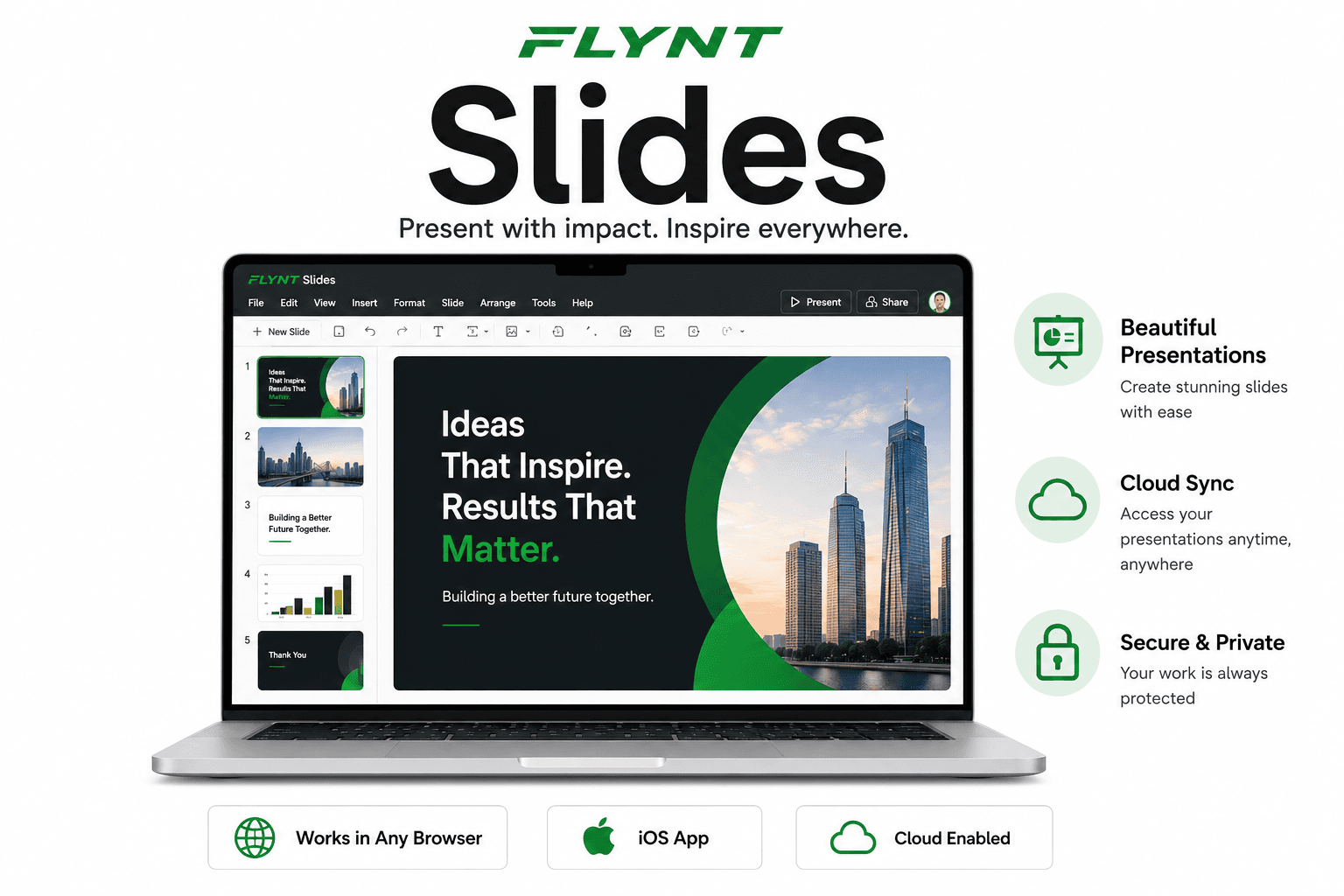 FLYNT Slides running in a browser, showing the slide editor with a title slide, thumbnail panel, and export/present options
